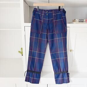 Sacai Navy Blue Wool Plaid Tweed Cropped Trouser Pants Size XS